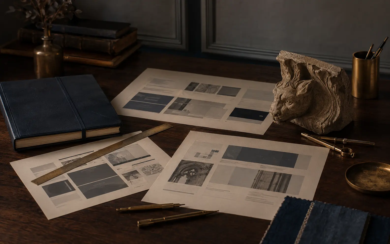 Bureau de conception Donar mêlant maquettes web, cuir bleu nuit, laiton et pierre sculptée