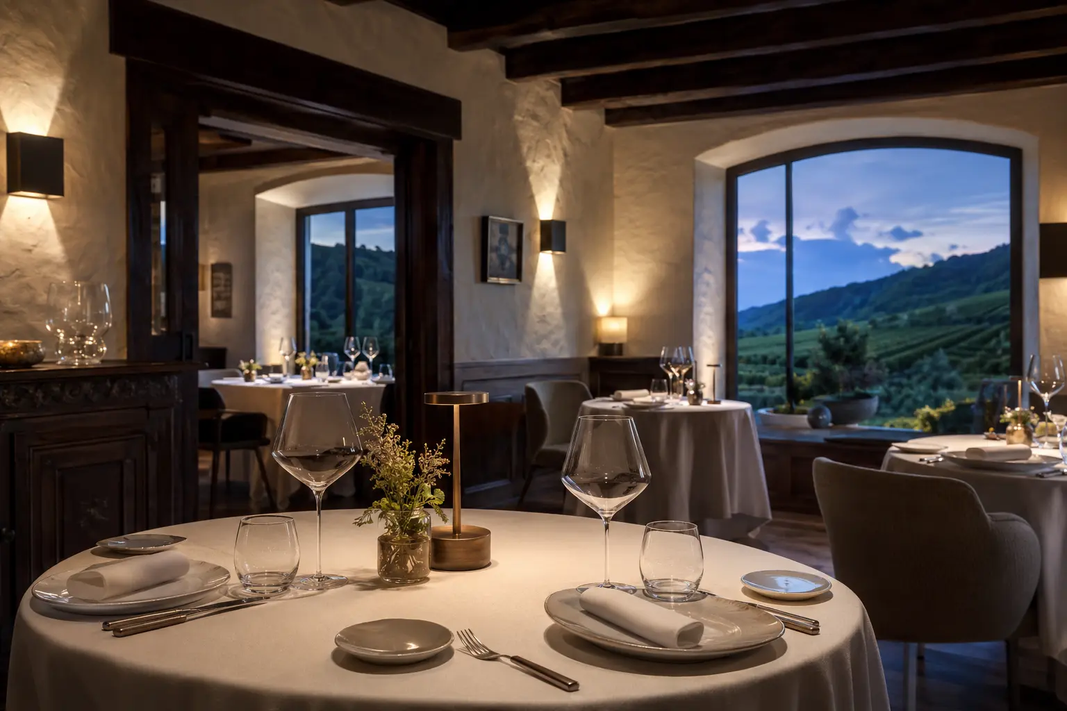 Salle du restaurant Hêtre dressée face aux vignes au crépuscule