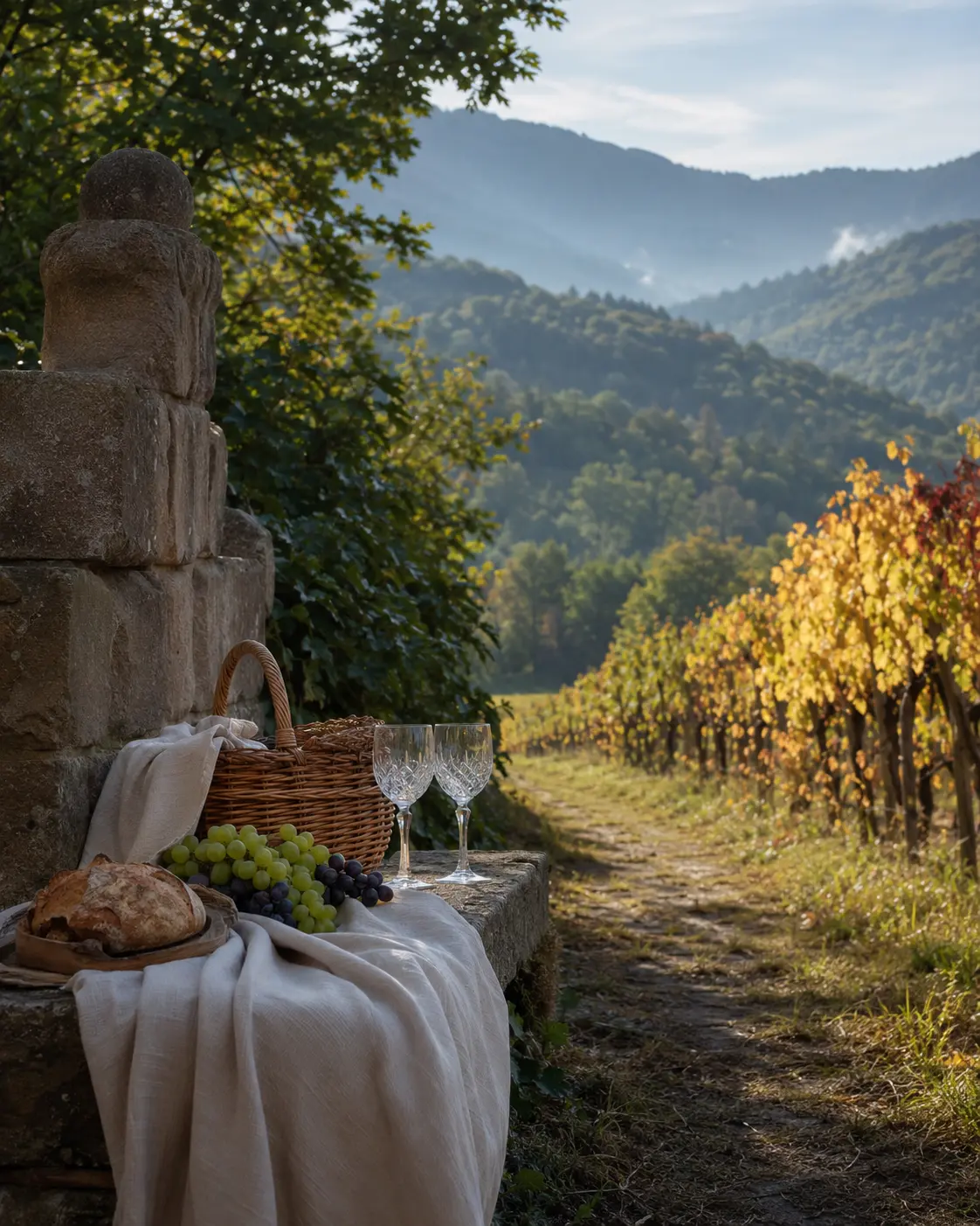 Déjeuner de lin dressé au bord d’un vignoble alsacien