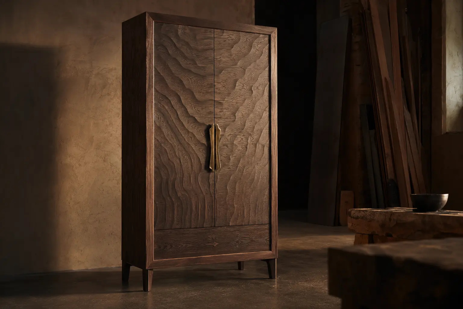 Cabinet haut en bois sombre dont les portes sont sculptées d’un relief topographique