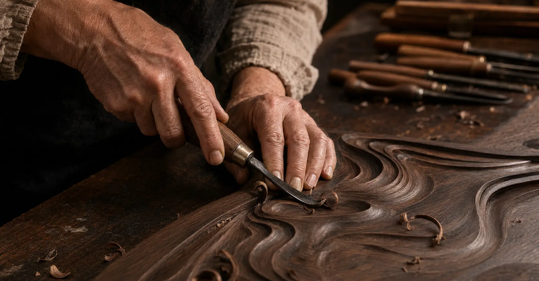 Mains d’un artisan sculptant un relief fluide dans un panneau de noyer