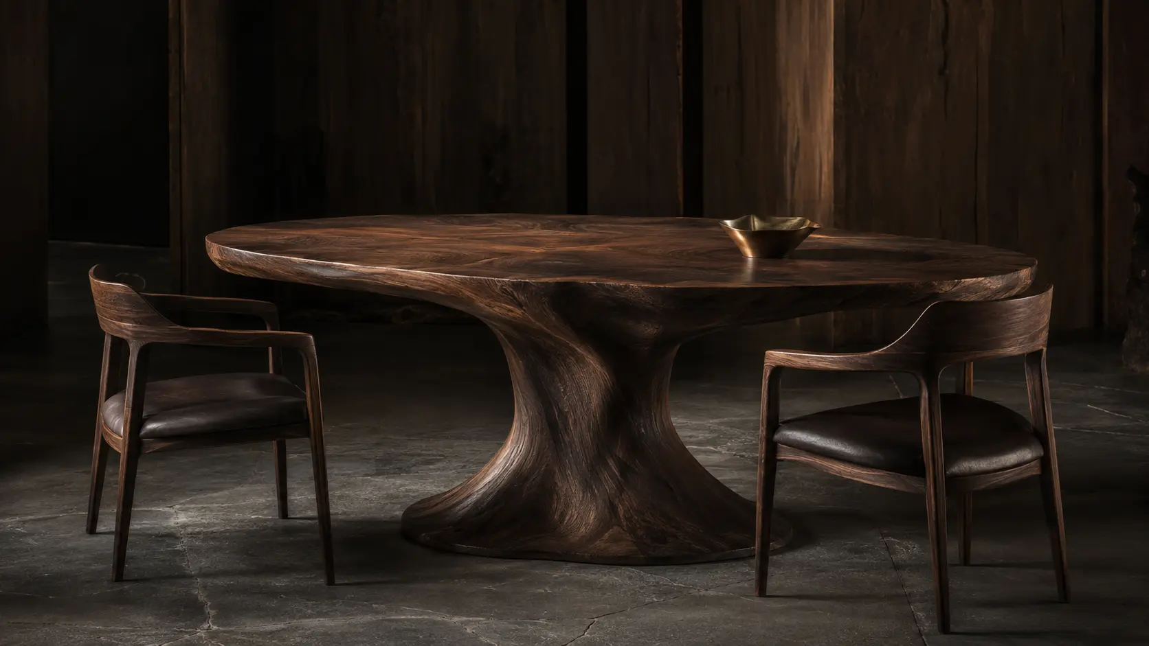 Table Orage en noyer noir, sculptée comme une masse continue
